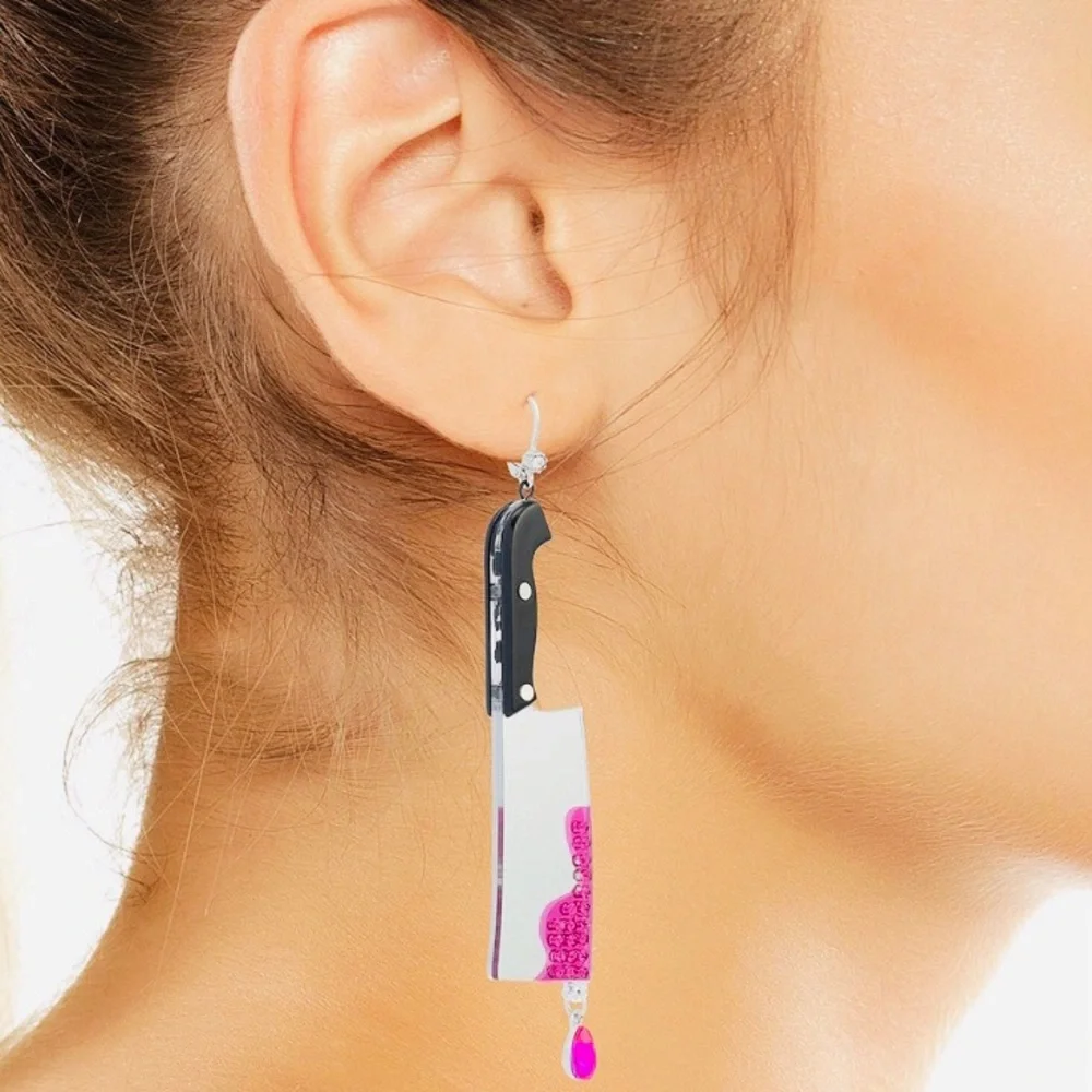Authentic Betsey Johnson Earrings - Halloween Cleaver, Dangle Rhinestone NWT